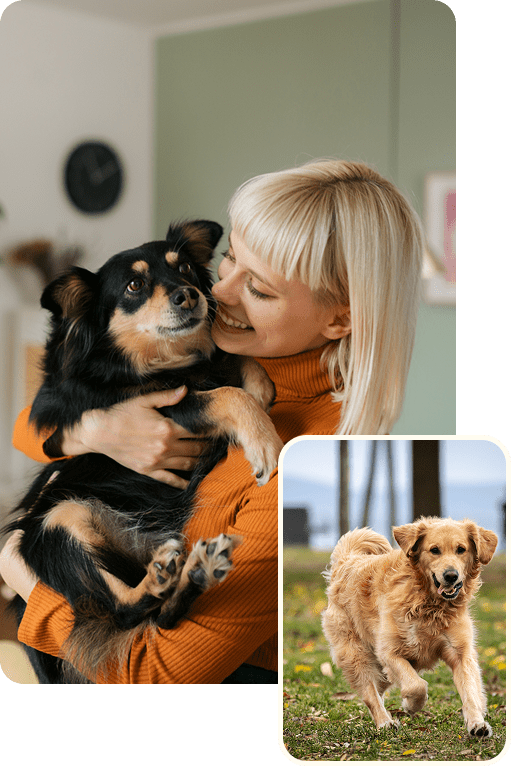 Woman warmly hugging her black dog indoors.