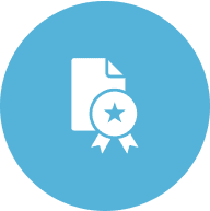 Icon of a document with a star badge on a blue circular background.