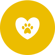 White heart with a paw print inside on a yellow circle.