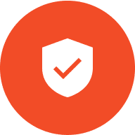 Orange shield icon with a checkmark symbolizing security and protection.