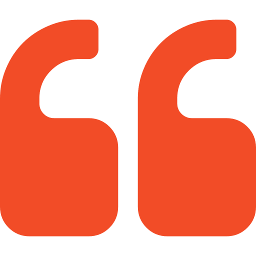 Red quotation marks symbol on white background.